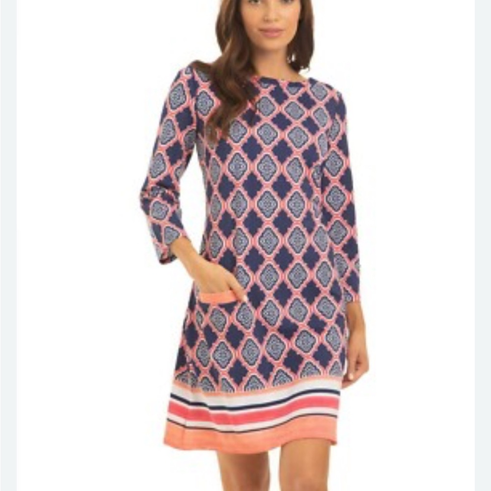 Cabana Life Blue and Pink A-line Dress with 3/4 Sleeves - like new!